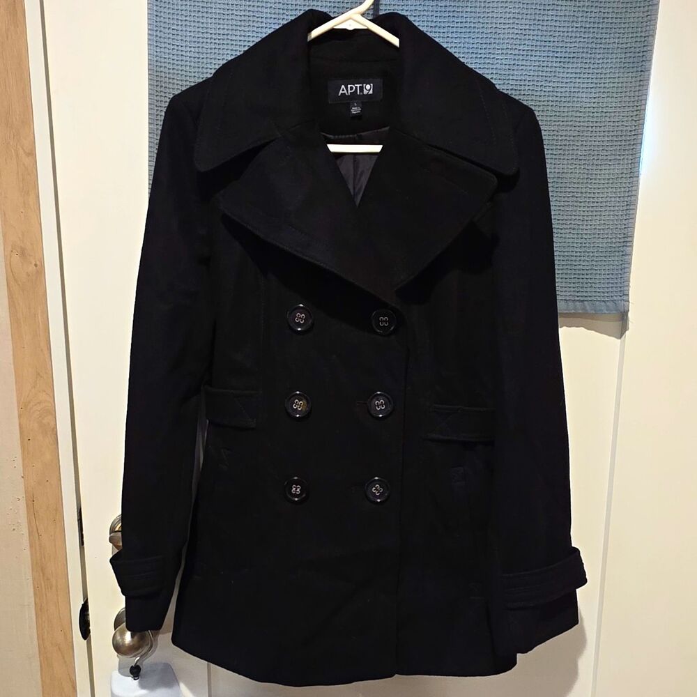 Apt. 9 Women’s Black Wool Blend Pea Coat L Double-Breasted Belted Pockets